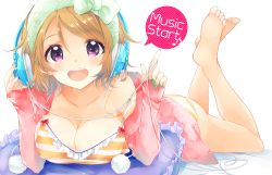 Rule 34 | 10s, 1girl, :d, barefoot, bra, breasts, brown hair, cable, cleavage, collarbone, commentary request, feet up, frilled bra, frilled pillow, frills, green nails, hand on headphones, headphones, index finger raised, jacket, koizumi hanayo, large breasts, long sleeves, looking at viewer, love live!, love live! school idol festival, love live! school idol project, lying, nail polish, on stomach, open mouth, panties, peke (xoxopeke), pillow, pink jacket, pom pom (clothes), purple eyes, short hair, smile, solo, strap slip, string around finger, striped bra, striped clothes, striped panties, the pose, toenail polish, toenails, towel, towel on head, underwear