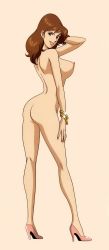 Rule 34 | 1girl, breasts, brown hair, hand on own thigh, highres, large breasts, lupin iii, mine fujiko, simple background, smile, solo