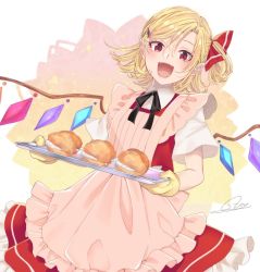 Rule 34 | 1girl, :d, apron, asa (coco), black ribbon, blonde hair, collaboration, colorized, commentary request, cowboy shot, cream puff, crystal, eyelashes, fangs, flandre scarlet, food, food request, frilled apron, frills, hair between eyes, hair ornament, hair ribbon, hairclip, holding, holding tray, looking at viewer, neck ribbon, no headwear, one side up, open mouth, oven mitts, pastry, petticoat, pink apron, red eyes, red ribbon, red skirt, red vest, ribbon, shirt, short hair, short sleeves, signature, skirt, skirt set, slit pupils, smile, solo, souta (karasu no ouchi), standing, touhou, tray, vest, white background, white shirt, wings
