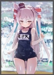 Rule 34 | 1girl, amatsukaze (kancolle), black border, blue one-piece swimsuit, blush, border, caburi, covered navel, hair tubes, highres, kantai collection, long hair, name tag, one-piece swimsuit, silver hair, simple background, smile, solo, swimsuit, swimsuit under clothes, two side up, water, wet, white background, yellow eyes