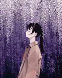 Rule 34 | 1girl, beige coat, black hair, closed mouth, coat, commentary request, donguri hello, closed eyes, flower, from side, highres, long hair, long sleeves, original, ponytail, profile, purple background, purple flower, solo, wisteria