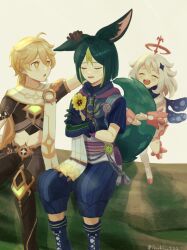Rule 34 | + +, 1girl, 2boys, 39 iduki, aether (genshin impact), animal ears, asymmetrical sleeves, blonde hair, blush, boots, closed eyes, crossed arms, dress, flower, fox boy, fox ears, fox tail, genshin impact, gloves, green flower, hair ornament, halo, hand on another&#039;s ear, highres, hood, hood down, long hair, long sleeves, medal, mismatched sleeves, multicolored hair, multiple boys, open mouth, paimon (genshin impact), short sleeves, simple background, sitting, sweat, tail, teeth, tighnari (genshin impact), upper teeth only, vision (genshin impact), white hair, yellow flower