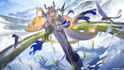Rule 34 | 1girl, absurdres, arknights, artist name, bird, blue sky, chinese commentary, cloud, cloudy sky, commentary request, dragon girl, dragon horns, dragon tail, full body, hair between eyes, highres, horns, looking at viewer, multicolored hair, outdoors, outstretched arm, rice, rice paddy, shu (arknights), sky, solo, tail, terrace, water, xianyu liang