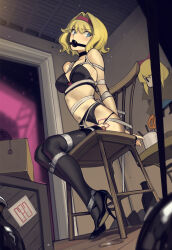 Rule 34 | 1girl, alice margatroid, arms behind back, ball gag, bare shoulders, bdsm, black bra, black choker, black footwear, black thighhighs, blonde hair, blue eyes, blush, bondage, bound, bound ankles, bound legs, bra, breasts, cad (caddo), character doll, choker, commentary, gag, gagged, garter belt, hair intakes, hairband, high heels, highres, indoors, looking at viewer, navel, red hairband, rope, scissors, sex toy, shanghai doll, short hair, sitting, small breasts, stomach, thighhighs, touhou, underwear, underwear only, vibrator