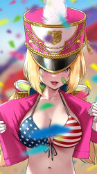 Rule 34 | 1girl, :d, aki rosenthal, american flag bikini, american flag print, ar-khey, bandaid, bandaid on face, bikini, blonde hair, blue eyes, breasts, cleavage, confetti, detached hair, epaulettes, flag print, gloves, hat, highres, hololive, jacket, large breasts, marching band, navel, open clothes, open jacket, open mouth, print bikini, shako cap, smile, solo, stomach, swimsuit, twintails, virtual youtuber