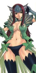 Rule 34 | 1girl, arm behind head, armor, bikini armor, black panties, black thighhighs, breasts, brown hair, cleavage, erza scarlet, fairy tail, frown, gauntlets, hand on own hip, headgear, large breasts, long hair, mashima hiro, navel, no bra, panties, red hair, shoulder armor, solo, stomach, thighhighs, underwear, waist cape, white background