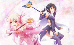 Rule 34 | 2girls, :d, armpits, black hair, brown eyes, commentary request, detached sleeves, fate/kaleid liner prisma illya, fate (series), frilled skirt, frills, hair ribbon, highres, holding, illyasviel von einzbern, long hair, looking at viewer, magical girl, magical ruby, magical sapphire, miyu edelfelt, multiple girls, nicca (kid nicca), open mouth, prisma illya, red eyes, ribbon, silver hair, skirt, smile, thighhighs, wand, zettai ryouiki