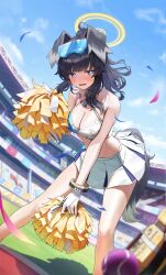 Rule 34 | 1girl, absurdres, animal ears, bare shoulders, black hair, blue archive, blue sky, blurry, blurry foreground, blush, breasts, cheerleader, cleavage, confetti, crop top, depth of field, dog ears, dog girl, dog tail, eyewear on head, halo, hibiki (blue archive), hibiki (cheer squad) (blue archive), highres, holding, holding pom poms, large breasts, long hair, looking at viewer, midriff, millennium cheerleader outfit (blue archive), miniskirt, navel, official alternate costume, open mouth, pom pom (cheerleading), pom poms, ponytail, skirt, sky, sleeveless, stadium, star sticker, sticker on face, sunglasses, tail, text print, thighs, white skirt, yarn (yarn 03), yellow halo