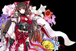 Rule 34 | 1girl, adapted costume, armor, armored dress, artistic error, bad id, bad pixiv id, bow, breasts, brown hair, cleavage, cleavage cutout, clothing cutout, cosplay, detached sleeves, female focus, floral background, flower, forget-me-not (flower), hair bow, hair ornament, hair tubes, hairpin, hakurei miko (cosplay), hakurei reimu, highres, japanese clothes, large breasts, long hair, miko, mugen houteishiki, mugenshiki, obi, red eyes, sash, sendai hakurei no miko, sendai hakurei no miko (cosplay), sideboob, smile, solo, sword, thighhighs, touhou, weapon, yin yang