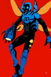 Rule 34 | 1boy, artist name, blue beetle, bodysuit, boots, cannon, dc comics, gloves, insect wings, male focus, mask, open mouth, orange eyes, red background, simple background, solo, teeth, wings, young justice