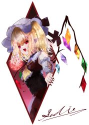 1girl absurdres alternate_costume ascot blonde_hair clip_studio_paint_(medium) crystal crystal_wings embodiment_of_scarlet_devil flandre_scarlet hair_between_eyes hat hat_ribbon highres holding looking_at_viewer mob_cap open_mouth pointy_ears puffy_sleeves red_eyes red_vest ribbon sadil shirt short_hair short_sleeves side_ponytail simple_background skirt skirt_set smile solo touhou vest white_background wings yellow_ascot