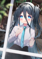 Rule 34 | 1girl, :d, aris (blue archive), black hair, black hairband, black skirt, blue archive, blue eyes, blue necktie, blush, collared shirt, commentary request, glass writing, hair between eyes, hairband, haru ichigo, heart, highres, long hair, long sleeves, looking at viewer, necktie, one side up, open mouth, pleated skirt, rain, shirt, signature, skirt, smile, solo, very long hair, white shirt