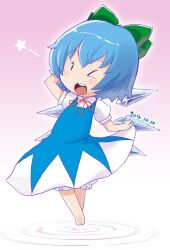 Rule 34 | 1girl, barefoot, blue dress, blue eyes, blue hair, blush, bow, cirno, collared shirt, commentary request, curtsey, dated, dress, flat chest, full body, gradient background, green bow, hair bow, highres, ice, ice wings, kei jiei, looking at viewer, neck ribbon, one-hour drawing challenge, one eye closed, open mouth, pinafore dress, pink background, puffy short sleeves, puffy sleeves, red ribbon, ribbon, ripples, shirt, short hair, short sleeves, sleeveless dress, smile, solo, star (symbol), teeth, touhou, upper teeth only, white shirt, wings