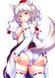 Rule 34 | 1girl, animal ears, ass, ass grab, blush, breasts, deep skin, detached sleeves, ebi 193, female focus, from behind, grabbing own ass, hands on ass, hat, huge ass, inubashiri momiji, large breasts, looking at viewer, panties, pantyshot, parted lips, red eyes, ribbon-trimmed legwear, ribbon-trimmed sleeves, ribbon trim, short hair, sideboob, simple background, skirt, solo, tail, thighhighs, tokin hat, touhou, twisted neck, underwear, white background, white hair, white panties, white thighhighs, wolf ears, wolf tail