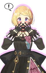 Rule 34 | !, 1girl, :o, aki rosenthal, aki rosenthal (gothic lolita), black dress, black gloves, blonde hair, blue eyes, blush, commentary, covering own mouth, cowboy shot, dress, earrings, gloves, gothic lolita, gradient eyes, half gloves, halter dress, halterneck, hand to own mouth, highres, hololive, jewelry, juliet sleeves, key, lace, lace-trimmed dress, lace-trimmed halter, lace trim, layered dress, lolita fashion, long sleeves, looking at viewer, multicolored eyes, open mouth, puffy sleeves, purple eyes, sash, short hair, simple background, solo, spoken exclamation mark, surprised, swept bangs, twin (tt lsh), virtual youtuber, white background