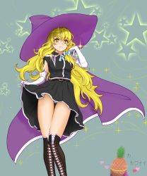 Rule 34 | 1girl, :3, artist request, belt, black footwear, black skirt, blonde hair, boots, bow, braid, cape, colorized, commentary request, cross-laced footwear, derivative work, elbow gloves, food, fruit, gloves, hair bow, hat, heart, highres, icomochi, kirisame marisa, knee boots, lace-up boots, light smile, long hair, panties, pantyshot, pineapple, shoes, side braid, simple background, skirt, skirt hold, skirt set, solo, sparkle, star (symbol), starry background, striped clothes, striped panties, thigh gap, thighs, touhou, underwear, very long hair, wavy hair, white gloves, witch hat, yellow eyes