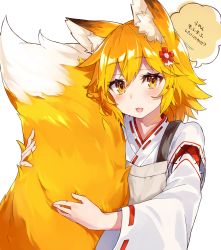 Rule 34 | 1girl, :d, animal ear fluff, animal ears, apron, blonde hair, blush, commentary request, fox ears, fox tail, hair between eyes, hair ornament, highres, holding tail, looking at viewer, nuko miruku, open mouth, ribbon-trimmed sleeves, ribbon trim, senko (sewayaki kitsune no senko-san), sewayaki kitsune no senko-san, smile, solo, speech bubble, tail, hugging tail, translation request, white background, yellow eyes