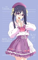 Rule 34 | 1girl, black hair, dated, frilled shirt collar, frilled skirt, frills, glasses, hair ribbon, hat, head tilt, long hair, long sleeves, looking at viewer, nii manabu, notebook, open mouth, original, over-rim eyewear, own hands together, pink shirt, purple eyes, purple hat, purple skirt, red-framed eyewear, ribbon, semi-rimless eyewear, shirt, signature, skirt, smile, solo, standing, yellow ribbon