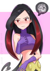 Rule 34 | 1girl, arutarika (ri kaoekaki), black hair, black pants, blush, closed mouth, commentary request, creatures (company), eyelashes, game freak, gloves, highres, long hair, lucy (pokemon), midriff, multicolored hair, nintendo, pants, pink background, pokemon, pokemon emerald, pokemon rse, purple gloves, purple shirt, red eyes, red hair, shirt, sleeveless, sleeveless shirt, solo, spoken squiggle, squiggle, streaked hair, sweat, two-tone hair