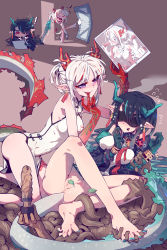 Rule 34 | !, 2girls, absurdres, anus, arknights, ball gag, bare legs, barefoot, bdsm, bead bracelet, beads, black blindfold, black hair, black jacket, blindfold, blush, blush stickers, bondage, bound, bound wrists, bracelet, breasts, brown background, chibi, china dress, chinese clothes, chinese commentary, colored skin, covered eyes, crossed legs, cuffs, dildo, dragon girl, dragon horns, dragon tail, drawing, drawing tablet, dress, drooling, dusk (arknights), earrings, eyeshadow, fellatio, florakinesis, full body, gag, unworn gag, gloom (expression), gradient skin, green hair, green nails, green skin, hair between eyes, hair over one eye, handcuffs, head steam, high heels, highres, holding, holding tablet pc, horns, imazawa, incest, jacket, jewelry, kicking, kneeling, leaf, licking, licking finger, long hair, looking at another, makeup, medium breasts, motion lines, multicolored hair, multicolored skin, multiple girls, nail polish, necktie, nervous sweating, nian (arknights), nian (unfettered freedom) (arknights), official alternate costume, open clothes, open jacket, open mouth, opening door, oral, parted bangs, pelvic curtain, pointy ears, purple eyes, pussy, pussy juice, red eyes, red hair, red necktie, red skin, restrained, saliva, sex toy, shirt, side slit, simple background, sleeveless, sleeveless dress, smile, spread legs, streaked hair, stylus, surprised, sweat, tablet pc, tail, tail raised, tassel, tassel earrings, tentacle sex, tentacles, thighs, toenail polish, toenails, tongue, tongue out, two-tone hair, uncensored, variant set, walking, white dress, white footwear, white hair, white shirt, wiffle gag, wooden dildo, yuri