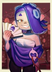 Rule 34 | 1girl, bandages around chest, bare shoulders, breasts, fattcactus, hand fan, highres, lips, nintendo, one eye covered, pants, red eyes, shiver (splatoon), small breasts, splatoon (series), splatoon 3, tentacle hair
