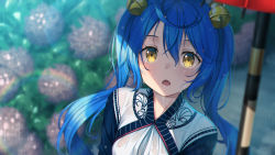 Rule 34 | 1girl, amamiya kokoro, bell, black jacket, blue hair, blurry, blurry background, blurry foreground, breasts, brown eyes, day, depth of field, fang, flower, hair bell, hair between eyes, hair ornament, highres, holding, holding umbrella, hydrangea, jacket, jingle bell, long hair, looking at viewer, medium breasts, nijisanji, open mouth, outdoors, rain, rainbow, see-through, shirt, solo, twintails, umbrella, upper body, virtual youtuber, wet, wet clothes, wet shirt, white shirt, yuuri nayuta