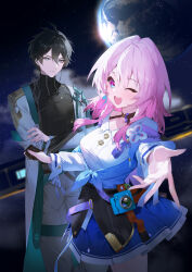 Rule 34 | 1boy, 1girl, absurdres, aqua eyes, astral express (honkai: star rail), black hair, black shirt, blue jacket, blue skirt, breasts, brown pants, camera, chinese clothes, coat, commentary, cowboy shot, crossed arms, dan heng (honkai: star rail), eyeshadow, flower ornament, front-tie top, green eyes, highres, honkai: star rail, honkai (series), ichibi, jacket, jewelry, light smile, long jacket, looking at viewer, makeup, march 7th (honkai: star rail), medium breasts, necklace, one eye closed, open mouth, outdoors, outstretched hand, pants, pink eyes, pink hair, planet, pleated skirt, red eyeshadow, shirt, short hair, sidelocks, skirt, smile, space, teeth, tied jacket, train, two-tone eyes, underbust, upper teeth only, white coat, white shirt