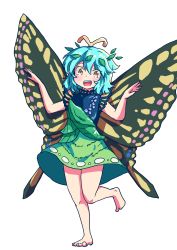 Rule 34 | 1girl, :d, barefoot, blue hair, brown eyes, butterfly wings, dress, eternity larva, full body, highres, insect wings, looking at viewer, open mouth, short hair, smile, sokutenkun, solo, standing, standing on one leg, thighs, toes, touhou, wings