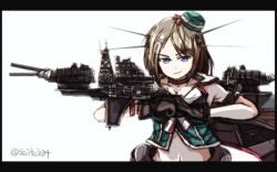Rule 34 | 10s, 1girl, antenna hair, black border, black gloves, blue eyes, border, breasts, brown hair, cleavage, fighting stance, gloves, kantai collection, maya (kancolle), md5 mismatch, midriff, military, military vehicle, navel, resized, school uniform, seitei (04seitei), serafuku, ship, short hair, simple background, solo, upper body, warship, watercraft, white background