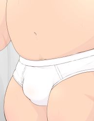 Rule 34 | 1boy, 3c pan, bara, belly, blush, briefs, bulge, close-up, crotch, tamamura gunzo, highres, male focus, male underwear, navel, navel hair, solo, stomach, thick thighs, thighs, tokyo houkago summoners, topless male, underwear, underwear only, white male underwear