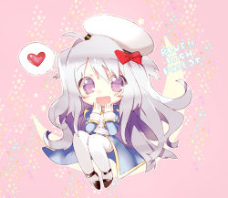 Rule 34 | 1girl, alternate color, arutopian, black footwear, blue dress, blush, bow, character name, chibi, commentary request, cross, dress, english text, full body, hat, heart, high heels, high priest (ragnarok online), juliet sleeves, long hair, long sleeves, looking at viewer, open mouth, puffy sleeves, purple eyes, ragnarok online, red bow, sailor hat, sash, silver hair, solo, spoken heart, thighhighs, two-tone dress, white dress, white hat, white sash, white thighhighs