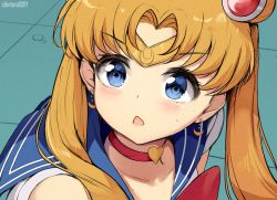 Rule 34 | 1girl, :o, artist name, bad id, bad twitter id, bishoujo senshi sailor moon, blonde hair, blue eyes, blue sailor collar, blush, chintora0201, choker, circlet, collarbone, commentary, crescent, crescent earrings, derivative work, earrings, fang, hair ornament, heart, heart choker, highres, jewelry, long hair, looking at viewer, meme, open mouth, parted bangs, red choker, sailor collar, sailor moon, sailor moon redraw challenge (meme), skin fang, solo, twintails, upper body