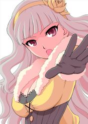 Rule 34 | 1girl, 961 production, blunt bangs, breasts, cleavage, female focus, gloves, hair ornament, hairband, idolmaster, idolmaster (classic), large breasts, long hair, looking at viewer, nokia (harusion), red eyes, shijou takane, silver hair, solo, upper body