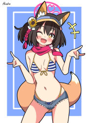 1girl absurdres animal_ears artist_name bare_shoulders bikini bikini_under_shorts black_hair blue_archive blue_background blush border breasts cowboy_shot denim denim_shorts fang flower fox_ears fox_girl fox_shadow_puppet fox_tail hair_flower hair_ornament halo hendra highleg highleg_bikini highres horizontal-striped_bikini izuna_(blue_archive) izuna_(swimsuit)_(blue_archive) navel official_alternate_costume open_mouth pink_halo red_scarf scarf short_hair shorts small_breasts smile solo stomach swimsuit tail thighs visor_cap white_border