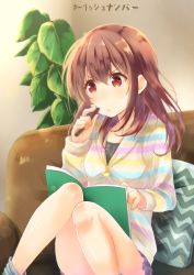 Rule 34 | 1girl, blue socks, blush, brown eyes, brown hair, closed mouth, couch, girlish number, hair between eyes, highres, holding, holding pen, indoors, karasuma chitose (girlish number), long hair, long sleeves, looking away, nachiku, on couch, pen, plant, potted plant, purple skirt, shirt, sitting, skirt, socks, solo, striped clothes, striped shirt, translated, v-shaped eyebrows