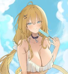 Rule 34 | 1girl, ahoge, bare shoulders, bikini, black choker, blonde hair, blue eyes, breasts, choker, cleavage, collarbone, commission, food, freng, frilled bikini, frills, grin, hair ornament, hair scrunchie, hairclip, halterneck, halterneck, hand up, highres, holding, large breasts, long hair, looking at viewer, low twintails, mole, mole under eye, original, popsicle, scrunchie, second-party source, smile, soitsu (alb), solo, strap pull, string bikini, swimsuit, twintails, unfinished, upper body, very long hair, white bikini, x hair ornament