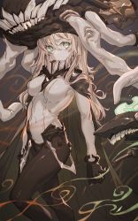 Rule 34 | 1girl, absurdres, abyssal ship, black cape, black gloves, breasts, cape, commentary, enemy aircraft (kancolle), gloves, green eyes, hair between eyes, headgear, highres, hxxg, kantai collection, long hair, medium breasts, navel, pale skin, smoke, teeth, tentacles, white hair, wo-class aircraft carrier
