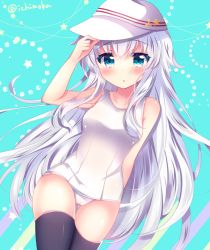 Rule 34 | 10s, 1girl, arm behind back, arm up, black thighhighs, blue eyes, blush, breasts, collarbone, commentary request, eyelashes, flat cap, gluteal fold, hammer and sickle, hand on headwear, hat, hibiki (kancolle), ichiyou moka, kantai collection, long hair, looking at viewer, medium breasts, one-piece swimsuit, school swimsuit, silver hair, solo, standing, star (symbol), swimsuit, thighhighs, twitter username, verniy (kancolle), very long hair, white hat, white one-piece swimsuit