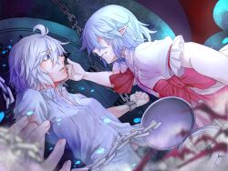 Rule 34 | 2girls, ascot, blue eyes, blue hair, breasts, broken, broken chain, chain, collared shirt, commentary, dress shirt, english commentary, frilled sleeves, frills, from side, grey hair, hair between eyes, hair over one eye, highres, izayoi sakuya, looking at another, medium hair, multiple girls, no headwear, pink shirt, pocket watch, puffy short sleeves, puffy sleeves, red ascot, remilia scarlet, shirt, short sleeves, shouzuo, small breasts, touhou, watch, white shirt, yuri