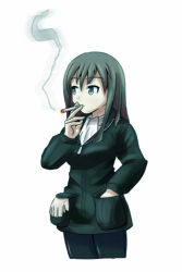 Rule 34 | 00s, 1girl, bad id, bad pixiv id, blue eyes, cigarette, elizabeth f. beurling, gloves, green hair, pantyhose, smoke, smoking, solo, strike witches, strike witches: suomus misfits squadron, world witches series