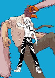 Rule 34 | 1boy, black necktie, black pants, blue background, chainsaw, chainsaw man, collared shirt, denji (chainsaw man), facing to the side, floating neckwear, greyscale with colored background, highres, hybrid, looking at viewer, necktie, open mouth, pants, sharp teeth, shirt, shirt tucked in, simple background, solo focus, teeth, white shirt, ym yoshiya