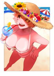 Rule 34 | 1girl, alternate costume, ashido mina, bare shoulders, beach, bikini, black sclera, blonde hair, boku no hero academia, border, breasts, cleavage, collarbone, colored sclera, colored skin, commentary request, drinking straw, feet out of frame, flower, hand on own hip, hat, hat flower, highres, horns, kaminari denki, large breasts, leaning forward, looking at viewer, mineta minoru, nail polish, navel, ocean, open mouth, outdoors, outside border, pink hair, pink nails, pink skin, short hair, smile, solo focus, souka0428, stomach, straw hat, sun hat, sunflower, swimsuit, teeth, tropical drink, umbrella, upper teeth only, white border, yellow eyes