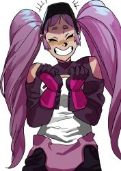 Rule 34 | absurdres, bare shoulders, entrapta, closed eyes, gloves, grin, highres, masters of the universe, purple hair, she-ra and the princesses of power, simple background, smile, twintails, white background