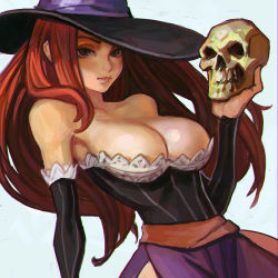 Rule 34 | 1girl, bare shoulders, breasts, brown eyes, cleavage, detached sleeves, dragon&#039;s crown, hat, ilya kuvshinov, large breasts, long hair, red hair, skull, smile, solo, sorceress (dragon&#039;s crown), witch hat