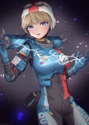 Rule 34 | 1girl, animification, apex legends, armor, black bodysuit, blonde hair, blue eyes, blue gloves, bodysuit, breastplate, breasts, electricity, facial scar, gloves, goggles, goggles on headwear, helmet, highres, looking at viewer, medium breasts, open hands, open mouth, rica, scar, scar on cheek, scar on face, science fiction, solo, wattson (apex legends), white headwear, wired for speed wattson