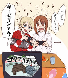 Rule 34 | 2girls, ?, anglerfish, blonde hair, blue eyes, braid, braided bun, bright pupils, brown eyes, brown hair, casual, commentary request, controller, crusader (tank), darjeeling (girls und panzer), emblem, fish, flying sweatdrops, frown, girls und panzer, hair bun, hippopotamus, holding, holding controller, kotatsu, leaning to the side, long sleeves, looking at viewer, military, military vehicle, motion lines, motor vehicle, multiple girls, nishizumi miho, open mouth, panzer iv, panzer iv, playing games, print sweater, red sweater, ribbed sweater, short hair, sitting, smile, sweatdrop, sweater, table, tank, torinone, translated, turtleneck, wavy mouth, white pupils, white sweater