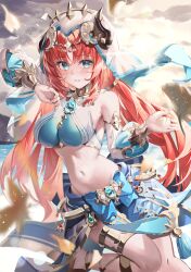 Rule 34 | 1girl, absurdres, aqua eyes, arm up, bare shoulders, blue bow, blue gemstone, blue skirt, blush, bow, bracer, breasts, brooch, circlet, crop top, detached sleeves, fake horns, floating hair, gem, genshin impact, gladiator sandals, gold trim, hao (mwhy4538), harem outfit, highres, horns, jewelry, leg up, long hair, long sleeves, looking at viewer, low twintails, medium breasts, navel, neck ring, nilou (genshin impact), parted bangs, parted lips, puffy long sleeves, puffy sleeves, red hair, revision, sandals, skirt, solo, standing, standing on one leg, tassel, thighlet, thighs, twintails, veil, white headwear