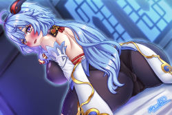 Rule 34 | 1girl, ahoge, ass, bare shoulders, blue hair, blush, bodysuit, breasts, cameltoe, come hither, detached sleeves, fat mons, from behind, ganyu (genshin impact), genshin impact, horns, large breasts, leotard, long hair, looking at viewer, night, open mouth, pantyhose, purple eyes, shiny clothes, shiny skin, sideboob, sitting, smile, solo, very long hair, waist cape, zero130