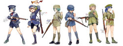 Rule 34 | 1girl, :o, absurdres, ammunition, ammunition belt, ammunition pouch, asymmetrical legwear, backpack, bag, bandages, belt, bike shorts, black footwear, black hair, blue eyes, blue hair, blue headband, blue headwear, blue legwear, bolt action, brown eyes, brown hair, china, chinese army, clip (weapon), closed mouth, eating, explosive, food, full body, gewehr 88, glasses, green eyes, green footwear, green hair, green headwear, green legwear, grenade, gun, hair between eyes, hat, headband, highres, holding, holding food, holding gun, holding instrument, holding weapon, holster, holstered, instrument, long sleeves, looking at viewer, mauser 98, medium hair, military, military hat, military uniform, military vehicle, mouth hold, open mouth, original, ponytail, pouch, rifle, sandals, shoes, short hair, shoulder bag, side ponytail, simple background, solo, submachine gun, thompson submachine gun, trumpet, uneven legwear, uniform, weapon, whistle, whistle around neck, white background, zhongye yu