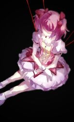 Rule 34 | 1girl, absurdres, black background, chinese commentary, commentary request, dress, expressionless, feet out of frame, gloves, highres, kaname madoka, magical girl, mahou shoujo madoka magica, mahou shoujo madoka magica (anime), medium hair, pink dress, pink hair, puffy short sleeves, puffy sleeves, red ribbon, ribbon, shao ziye, short sleeves, simple background, sitting, solo, twintails, white gloves